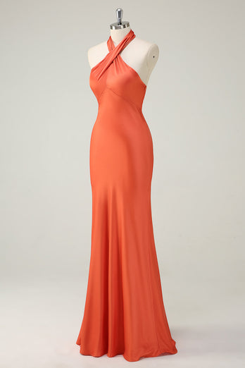 Orange Mermaid Cross Halter Open Back Long Bridesmaid Dress