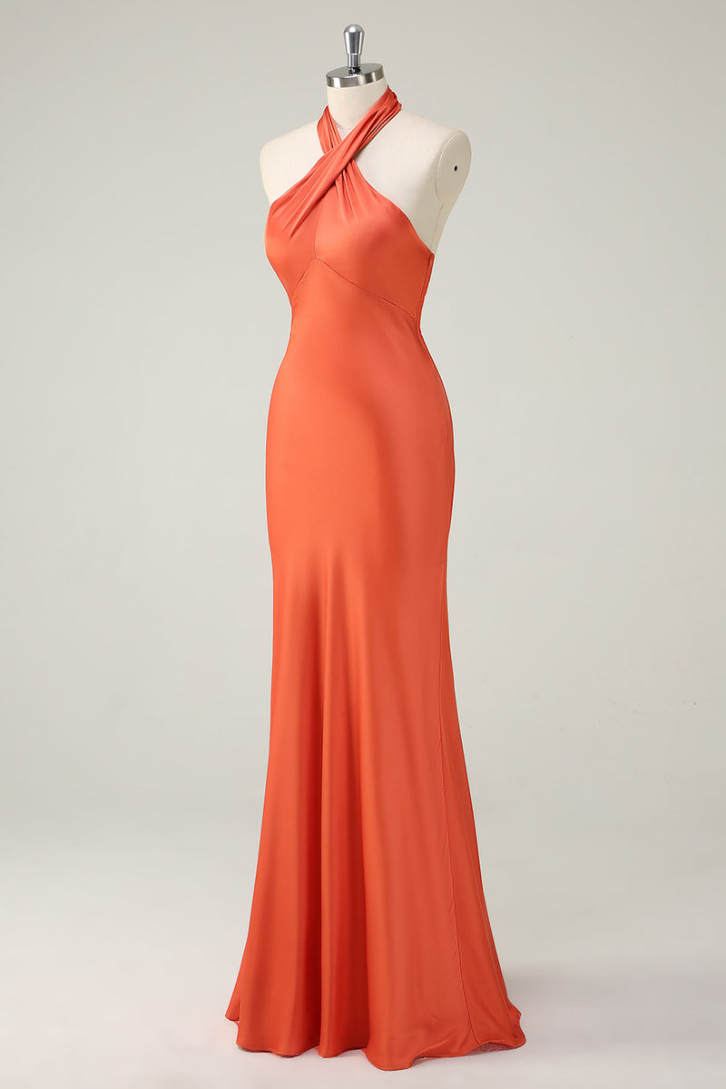 Load image into Gallery viewer, Orange Mermaid Cross Halter Open Back Long Bridesmaid Dress