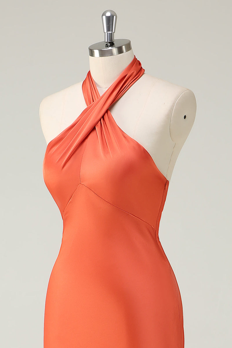 Load image into Gallery viewer, Orange Mermaid Cross Halter Open Back Long Bridesmaid Dress