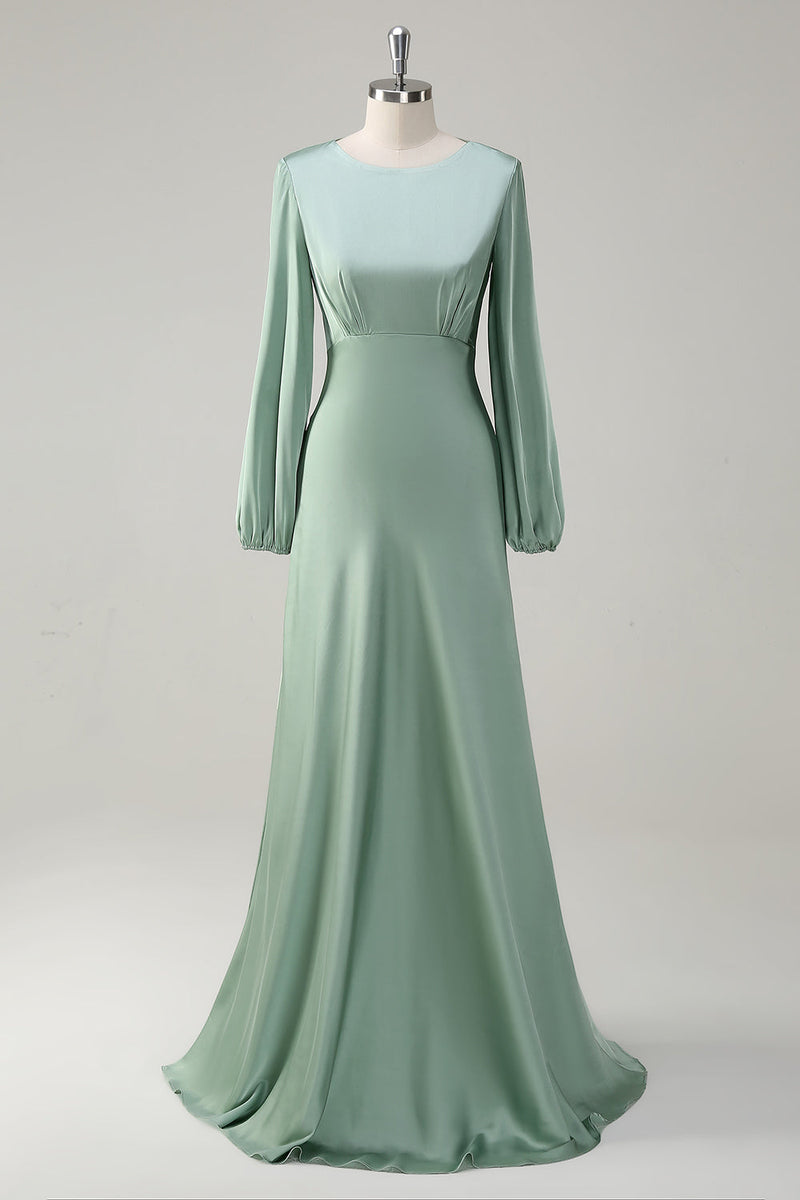 Load image into Gallery viewer, A Line Round Neck Long Sleeves Sage Bridesmaid Dress