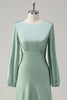 Load image into Gallery viewer, A Line Round Neck Long Sleeves Sage Bridesmaid Dress