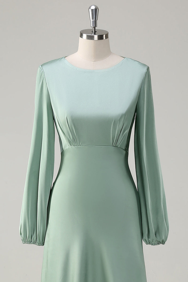 Load image into Gallery viewer, A Line Round Neck Long Sleeves Sage Bridesmaid Dress