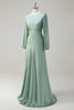 Load image into Gallery viewer, A Line Round Neck Long Sleeves Sage Bridesmaid Dress