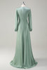 Load image into Gallery viewer, A Line Round Neck Long Sleeves Sage Bridesmaid Dress