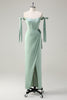 Load image into Gallery viewer, Sparkly Sage Sheath Bow Tie Straps Corset Long Bridesmaid Dress with Slit