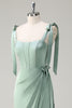 Load image into Gallery viewer, Sparkly Sage Sheath Bow Tie Straps Corset Long Bridesmaid Dress with Slit