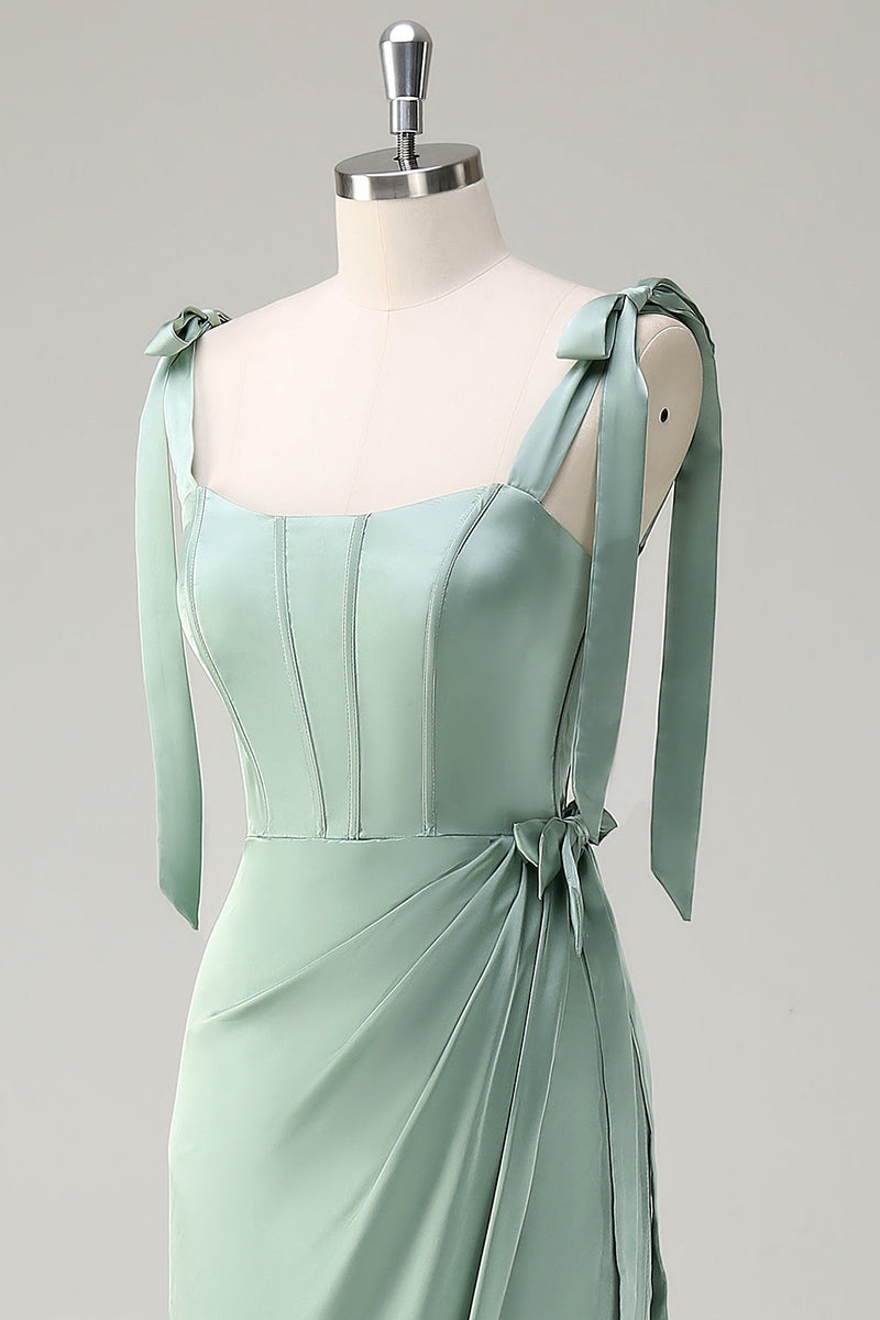 Load image into Gallery viewer, Sparkly Sage Sheath Bow Tie Straps Corset Long Bridesmaid Dress with Slit