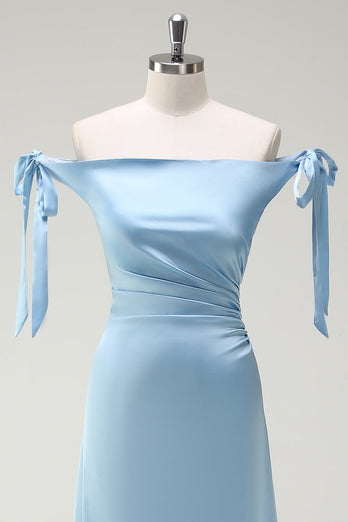 Sky Blue A Line Off The Shoulder Long Bridesmaid Dress