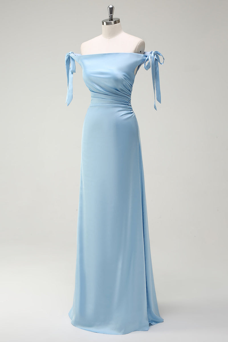 Load image into Gallery viewer, Sky Blue A Line Off The Shoulder Long Bridesmaid Dress