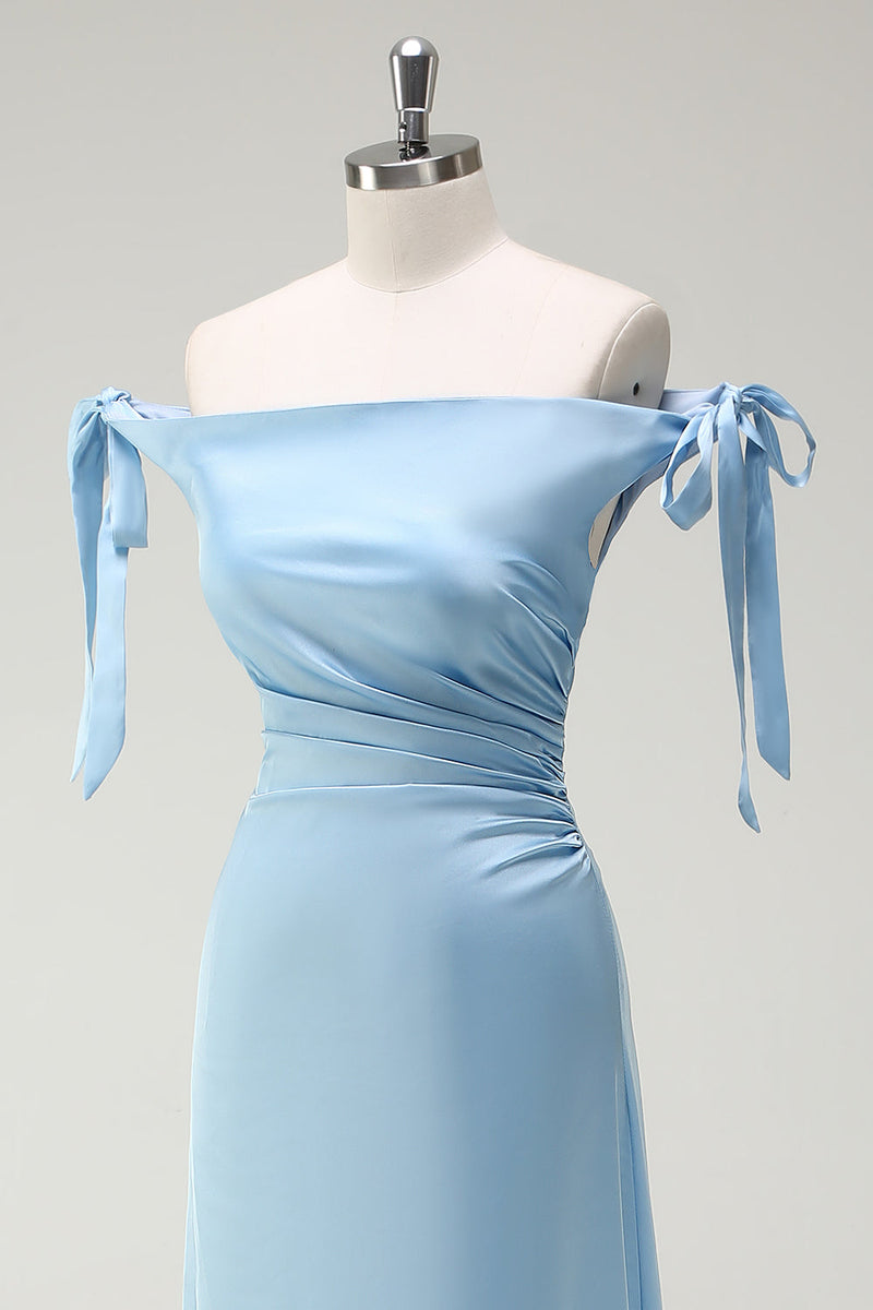 Load image into Gallery viewer, Sky Blue A Line Off The Shoulder Long Bridesmaid Dress