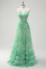 Load image into Gallery viewer, Green A-Line Halter Floral Corset Ruffles Long Prom Dress with Slit