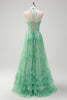 Load image into Gallery viewer, Green A-Line Halter Floral Corset Ruffles Long Prom Dress with Slit