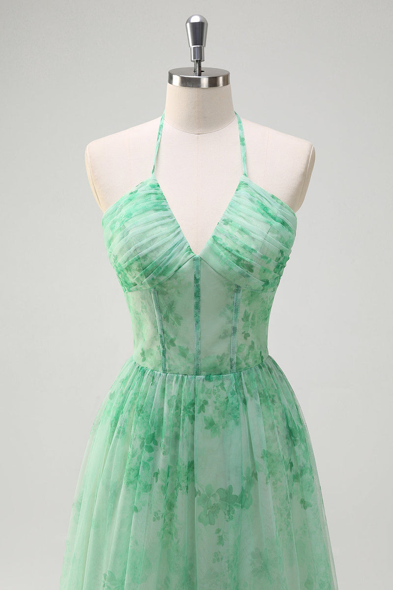 Load image into Gallery viewer, Green A-Line Halter Floral Corset Ruffles Long Prom Dress with Slit