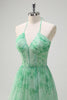 Load image into Gallery viewer, Green A-Line Halter Floral Corset Ruffles Long Prom Dress with Slit