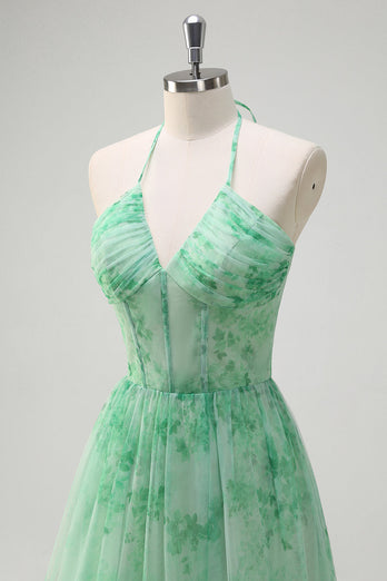 Green A-Line Halter Floral Corset Ruffles Long Prom Dress with Slit