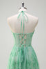 Load image into Gallery viewer, Green A-Line Halter Floral Corset Ruffles Long Prom Dress with Slit