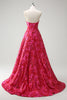 Load image into Gallery viewer, Fuchsia Floral Jacquard Sweetheart Princess Long Corset Prom Dress with Slit