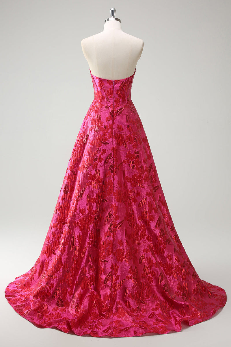 Load image into Gallery viewer, Fuchsia Floral Jacquard Sweetheart Princess Long Corset Prom Dress with Slit