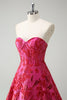 Load image into Gallery viewer, Fuchsia Floral Jacquard Sweetheart Princess Long Corset Prom Dress with Slit