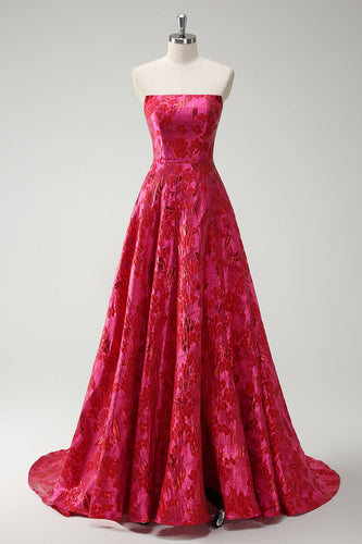 Fuchsia Floral Strapless A-Line Long Prom Dress