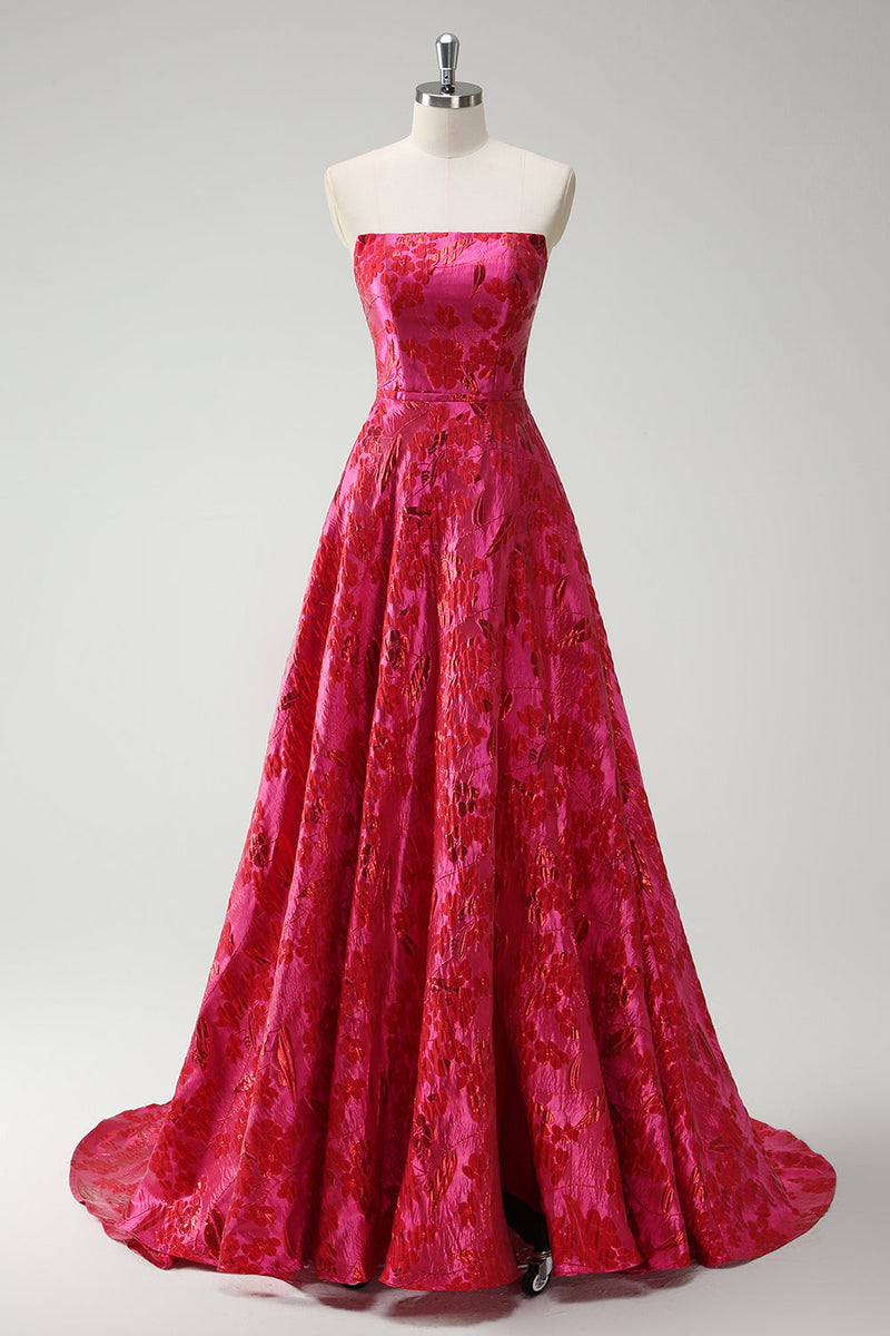 Load image into Gallery viewer, Fuchsia Floral Strapless A-Line Long Prom Dress