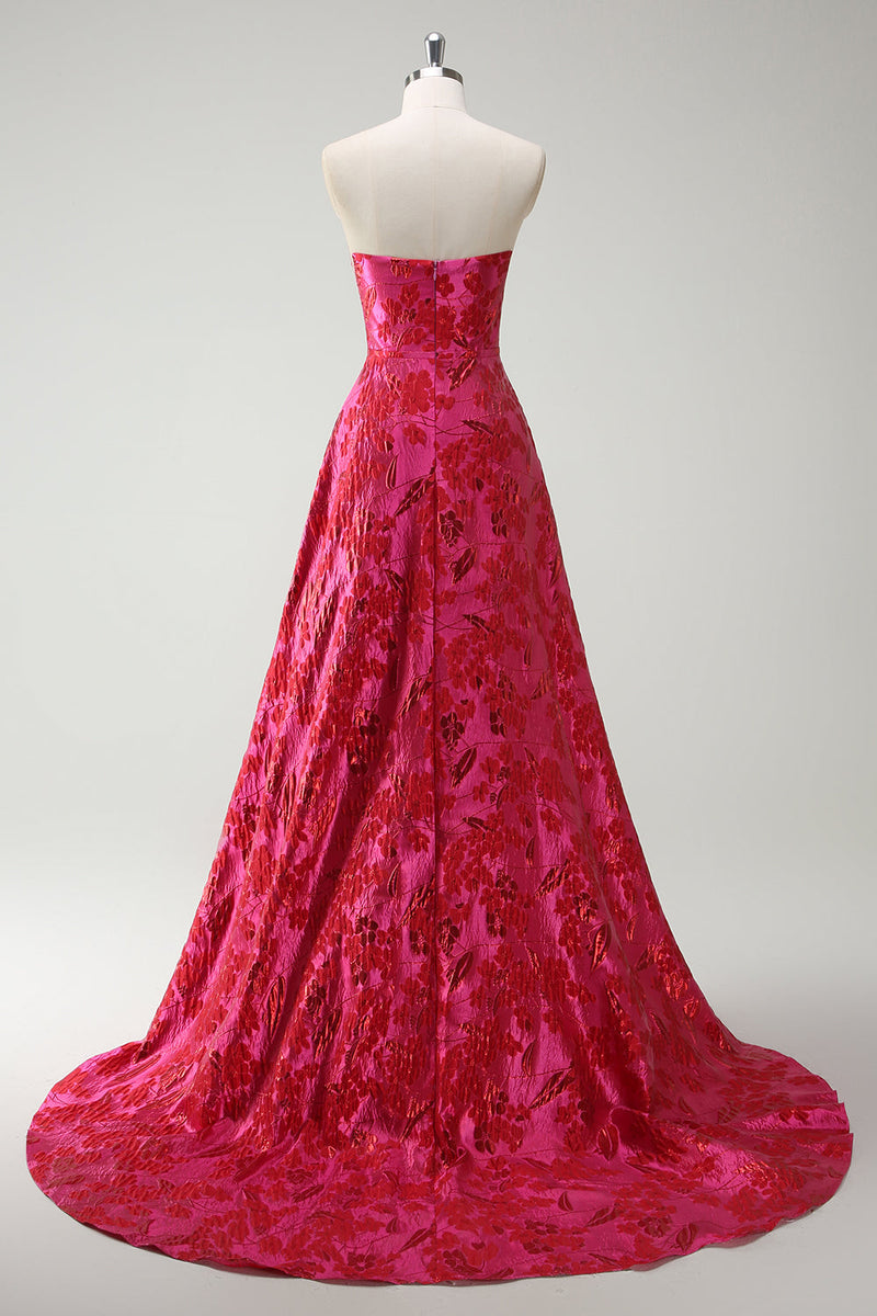 Load image into Gallery viewer, Fuchsia Floral Strapless A-Line Long Prom Dress