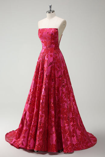 Fuchsia Floral Strapless A-Line Long Prom Dress