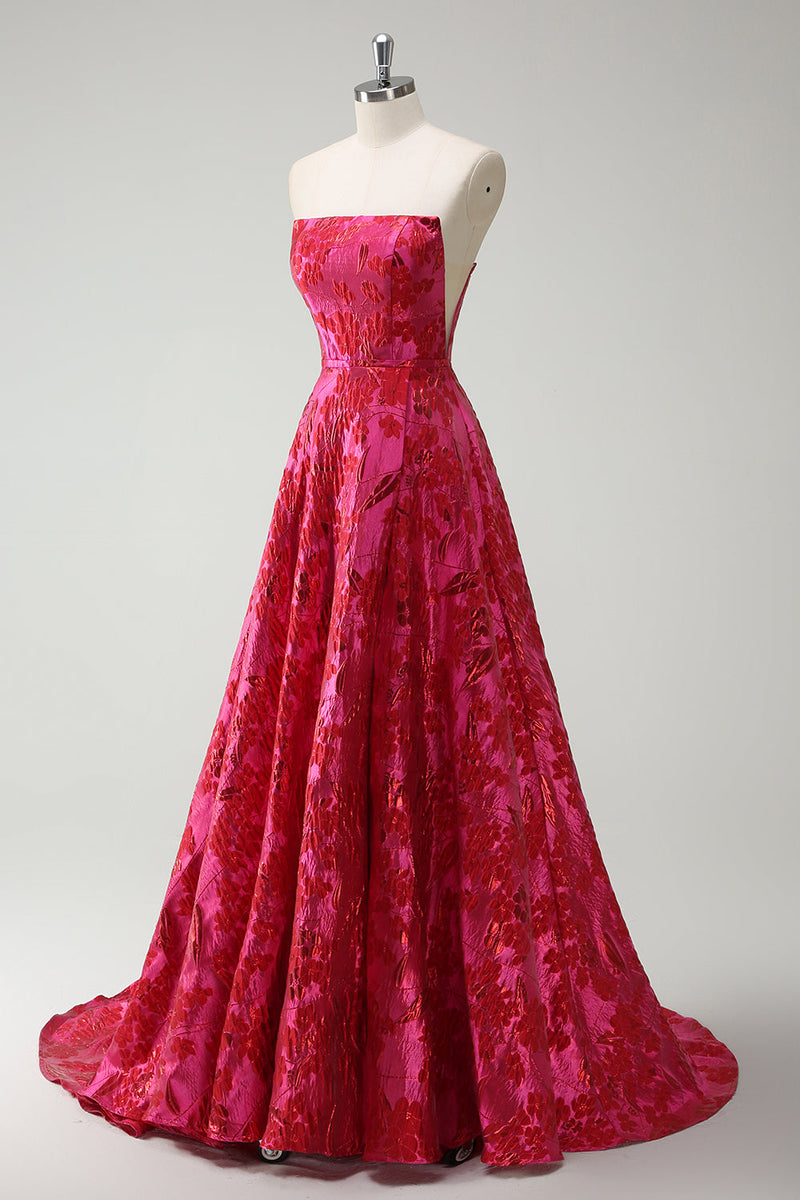 Load image into Gallery viewer, Fuchsia Floral Strapless A-Line Long Prom Dress