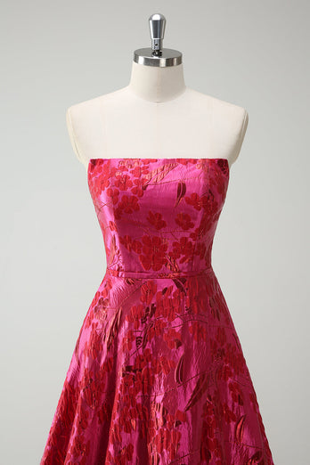 Fuchsia Floral Strapless A-Line Long Prom Dress