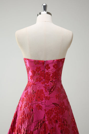 Fuchsia Floral Strapless A-Line Long Prom Dress