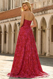 Strapless Fuchsia Floral A-Line Brocade Long Prom Dress