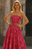 Strapless Fuchsia Floral A-Line Brocade Long Prom Dress