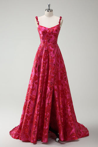 Fuchsia A-Line Spaghetti Straps Floral Jacquard Long Prom Dress with Slit