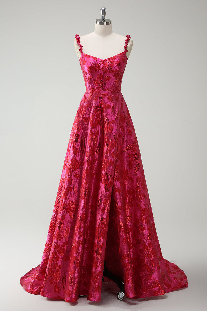 Load image into Gallery viewer, Fuchsia A-Line Spaghetti Straps Floral Jacquard Long Prom Dress with Slit