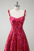 Load image into Gallery viewer, Fuchsia A-Line Spaghetti Straps Floral Jacquard Long Prom Dress with Slit