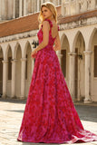 Fuchsia A-Line Floral Spaghetti Straps Jacquard Brocade Long Prom Dress