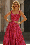 Fuchsia A-Line Floral Spaghetti Straps Jacquard Brocade Long Prom Dress