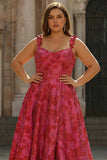Fuchsia Floral Jacquard A-Line Spaghetti Straps Long Plus Size Prom Dress with Slit