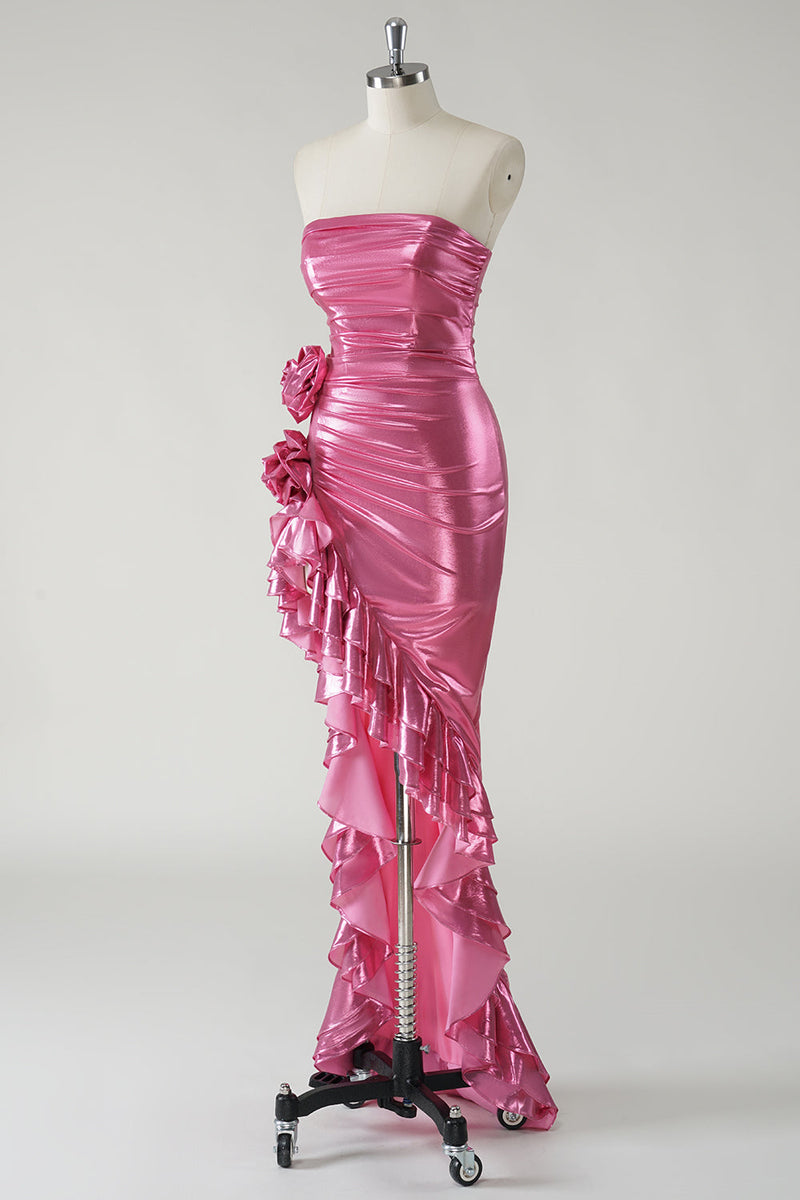 Load image into Gallery viewer, Sparkly Fuchsia Metallic Strapless Prom Dress with Slit