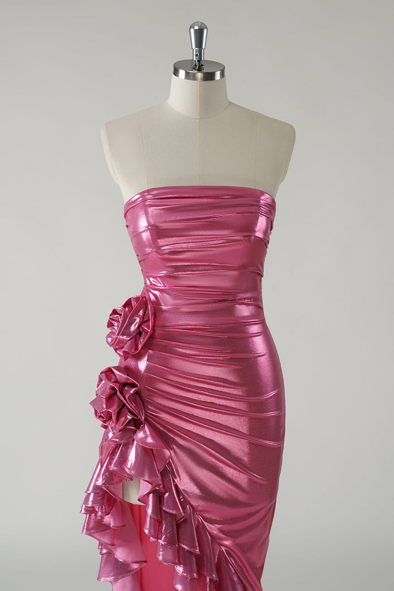 Load image into Gallery viewer, Sparkly Fuchsia Metallic Strapless Prom Dress with Slit