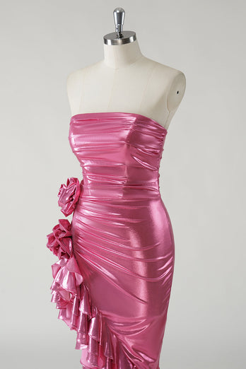 Sparkly Fuchsia Metallic Strapless Prom Dress with Slit