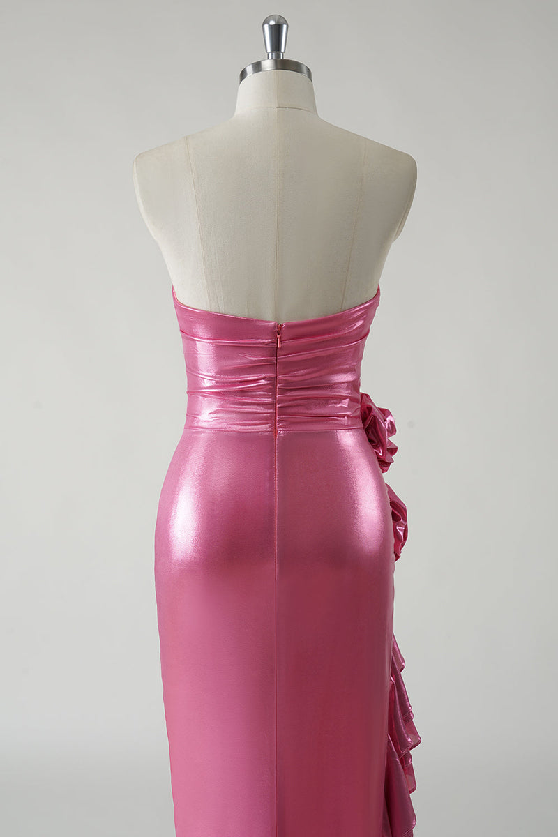 Load image into Gallery viewer, Sparkly Fuchsia Metallic Strapless Prom Dress with Slit