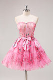 Fuchsia A-Line Floral Strapless Corset Tulle Homecoming Dress with Bows