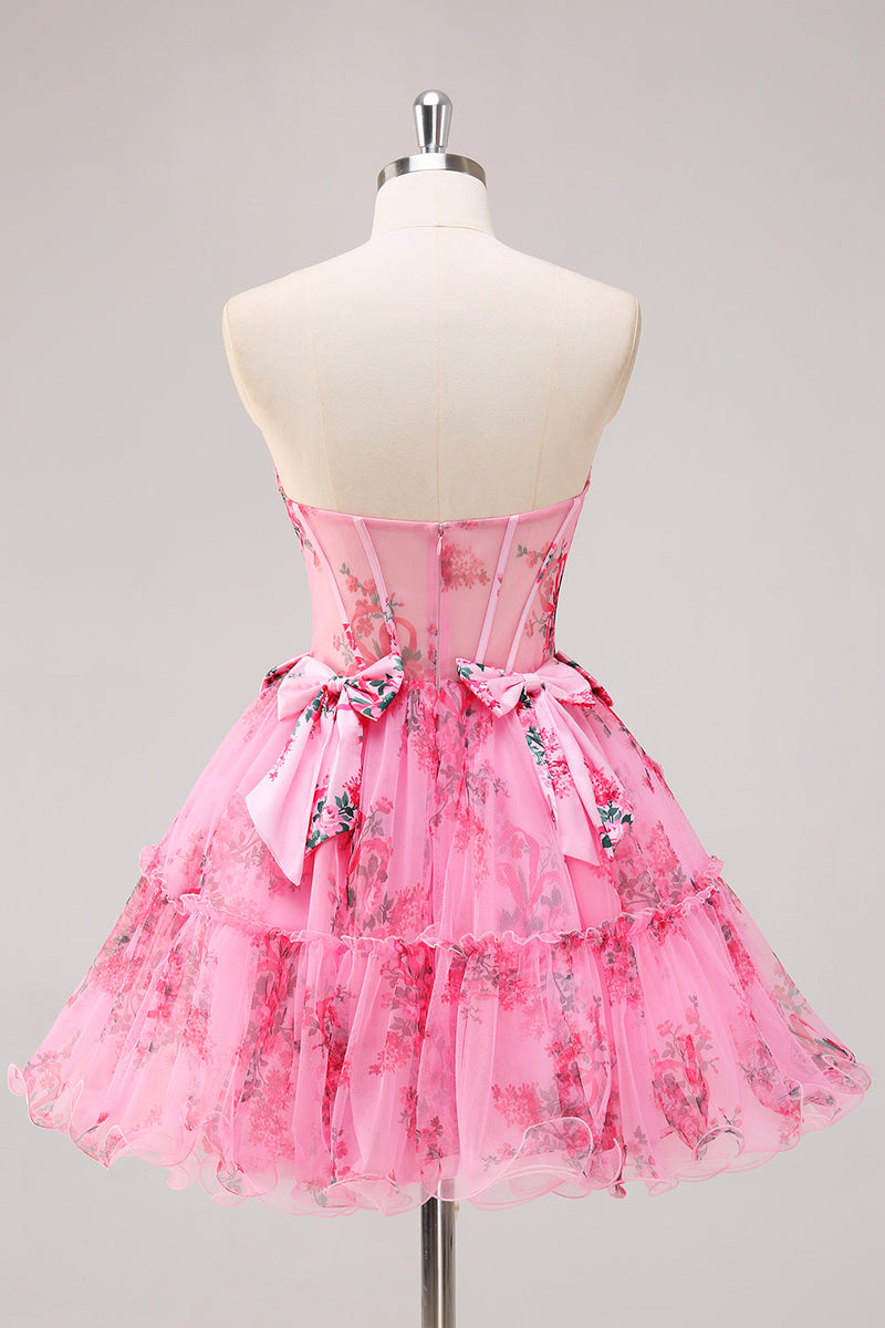 Load image into Gallery viewer, Fuchsia A-Line Floral Strapless Corset Tulle Homecoming Dress with Bows