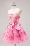 Fuchsia A-Line Floral Strapless Corset Tulle Homecoming Dress with Bows