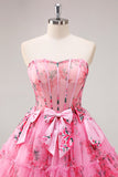 Fuchsia A-Line Floral Strapless Corset Tulle Homecoming Dress with Bows