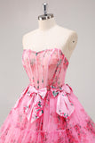 Fuchsia A-Line Floral Strapless Corset Tulle Homecoming Dress with Bows