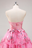 Fuchsia A-Line Floral Strapless Corset Tulle Homecoming Dress with Bows