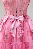 Fuchsia A-Line Floral Strapless Corset Tulle Homecoming Dress with Bows