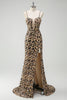 Load image into Gallery viewer, Khaki Leopard Sequins Mermaid Spaghetti Straps Long Corset Dress with Slit